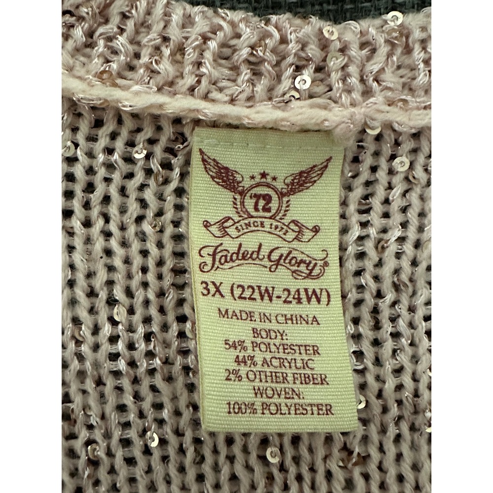 Faded Glory Womens 3X Sweater Pink Sequin Knit Layered Hem V-Neck - Picture 4 of 6